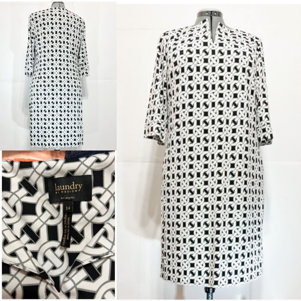 Laundry By Design NWOT Sz 14 White Black Geometric 3/4 Sleeves Split Neck Jersey